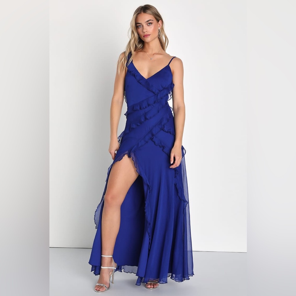 Lulu’s Tier Desire Cobalt Blue Tiered Ruffled Slit Chiffon Lace-Up Maxi Dress S